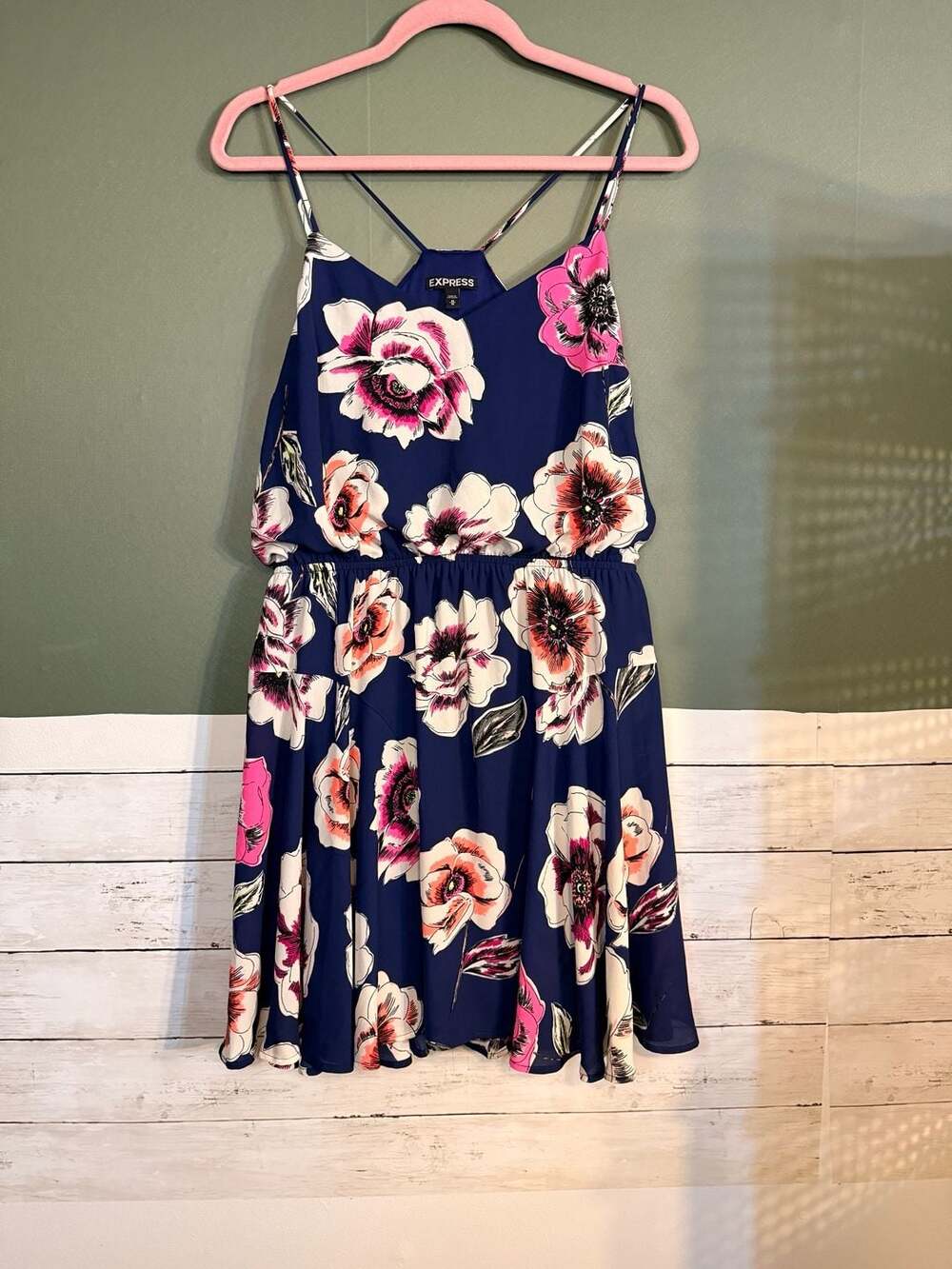 Express Navy Blue Floral Strappy Fit‎ & Flare Mini Dress
